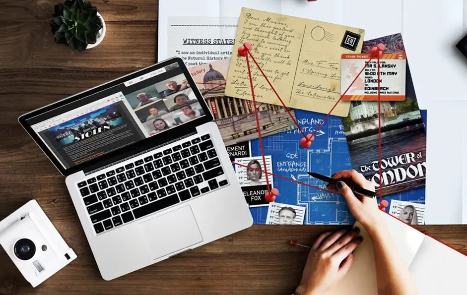 Online escape game on a laptop with printed clues
