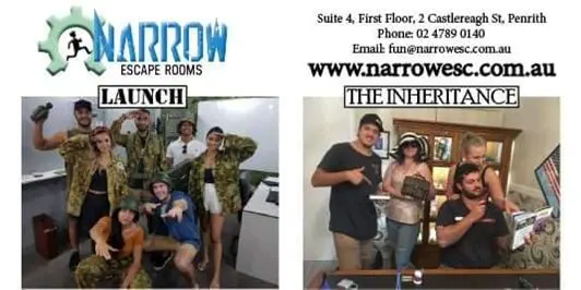 Narrow Escape Rooms advertisement: Launch and The Inheritance rooms