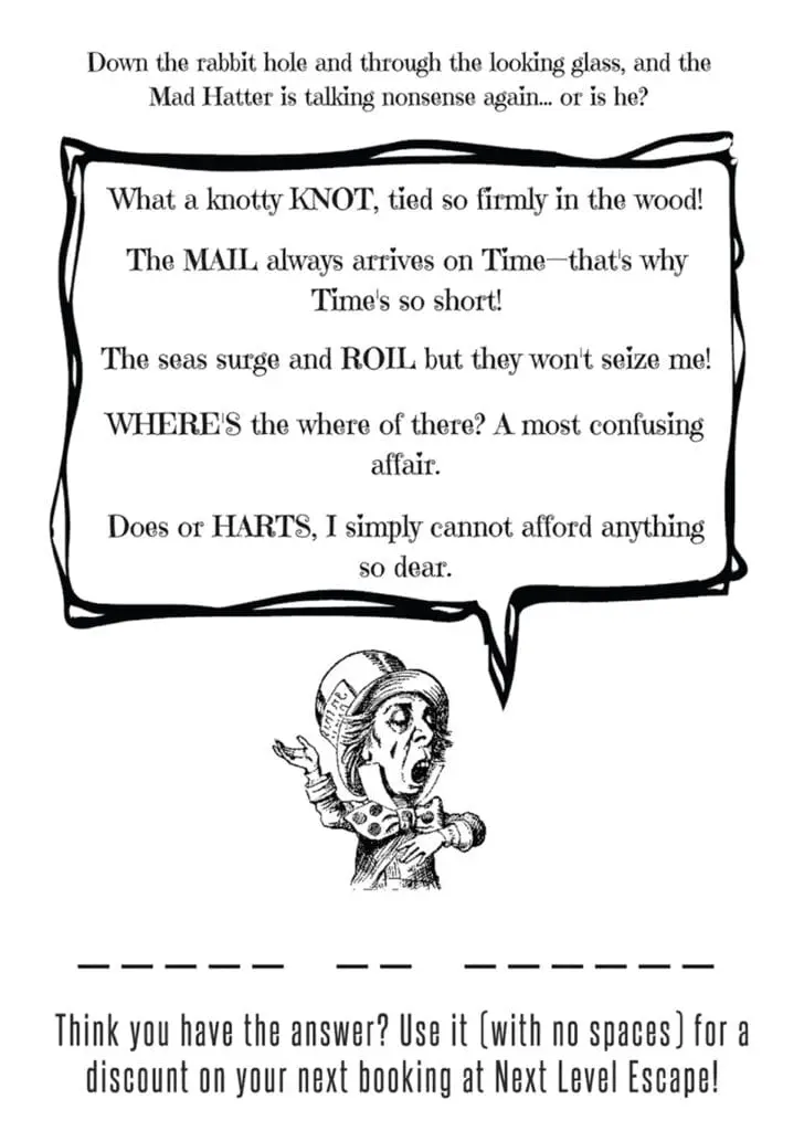 Mad Hatter word puzzle for a Next Level Escape discount