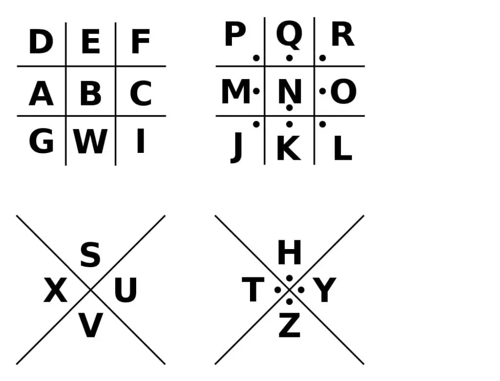 Cipher grids with letters and crossed lines