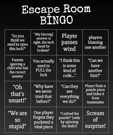 Escape Room Bingo card of things players say