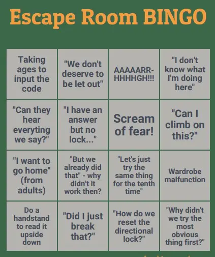 Escape Room Bingo card, green version