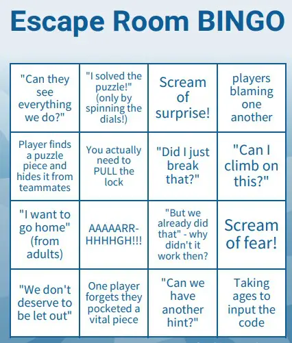 Escape Room Bingo card, blue version
