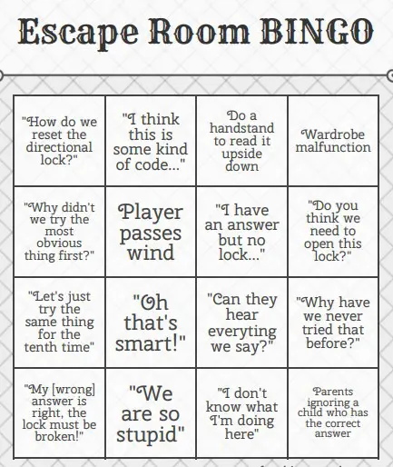Escape Room Bingo card, grey version