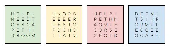 A message traced through four basic route cipher grids