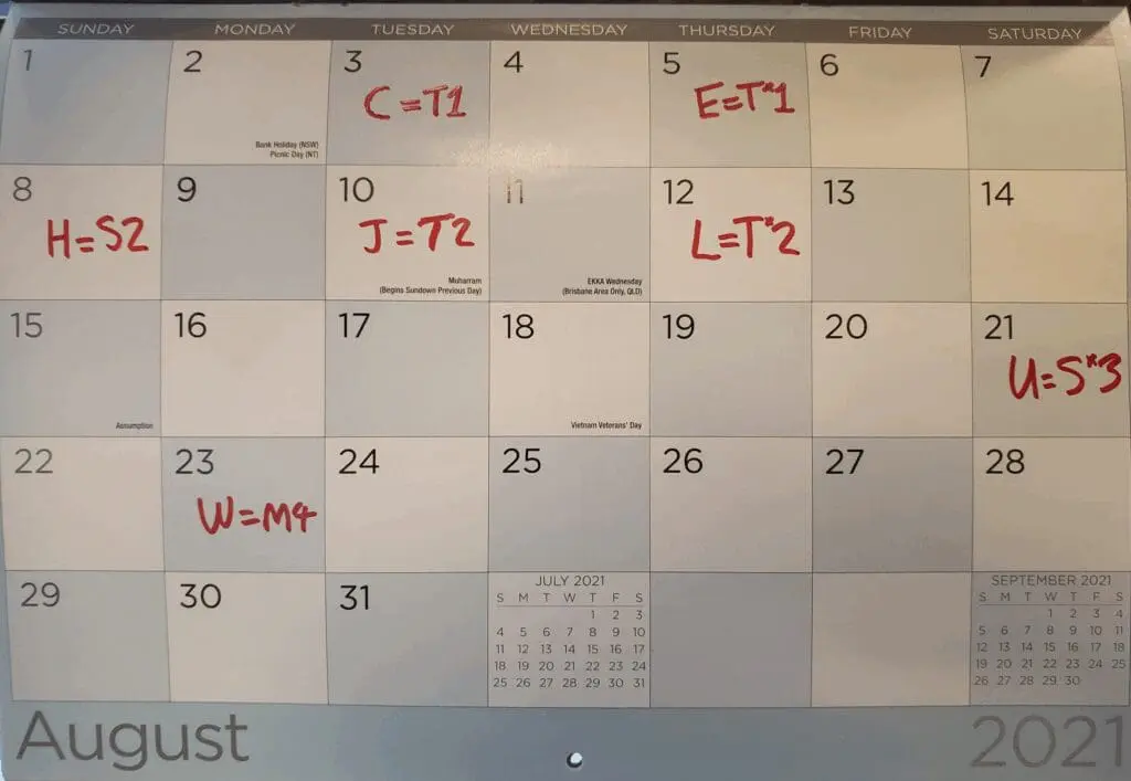 August 2021 calendar page used as a cipher key