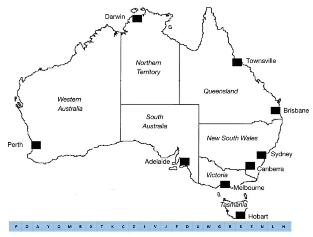 Map of Australia with dots marking places