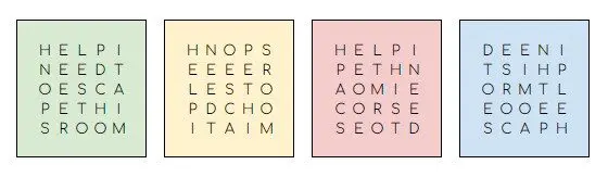 Four letter grids showing a route transposition cipher